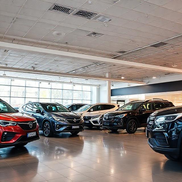 Showroom de concession automobile avec berlines et SUV sous éclairage, photo 16:9, qualité professionnelle