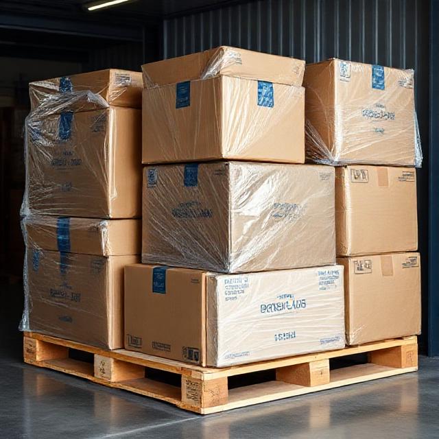 Regroupage de bagages: consolidation de cartons et valises sur palette filmée, entrepôt, photo 16:9, qualité professionnelle