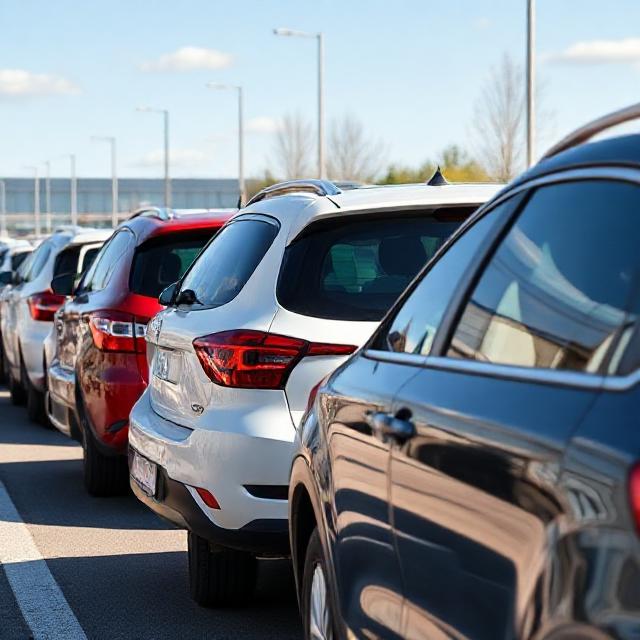 Flotte de location de voitures alignées (citadine, berline, SUV) en plein jour, photo 16:9, qualité professionnelle