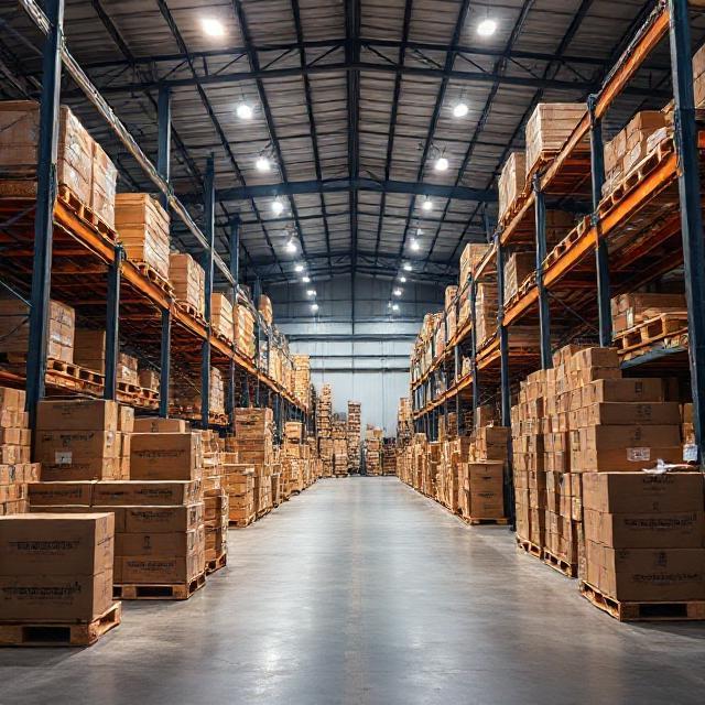 Entrepôt logistique multi-produits, palettes et cartons, import-export, lumière neutre, photo 16:9, qualité professionnelle